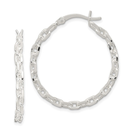 Sterling Silver Mariner Chain Hoop Earrings, Polished Link Design, Hinged Closure