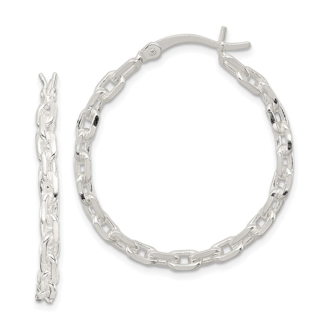 Sterling Silver Mariner Chain Hoop Earrings, Polished Link Design, Hinged Closure