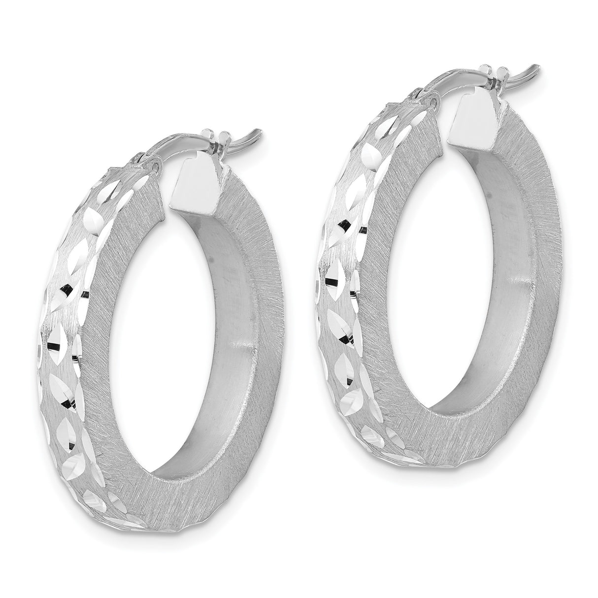 Sterling Silver Hoop Earrings with Textured Etched Round Design and Diamond Cut Detailing