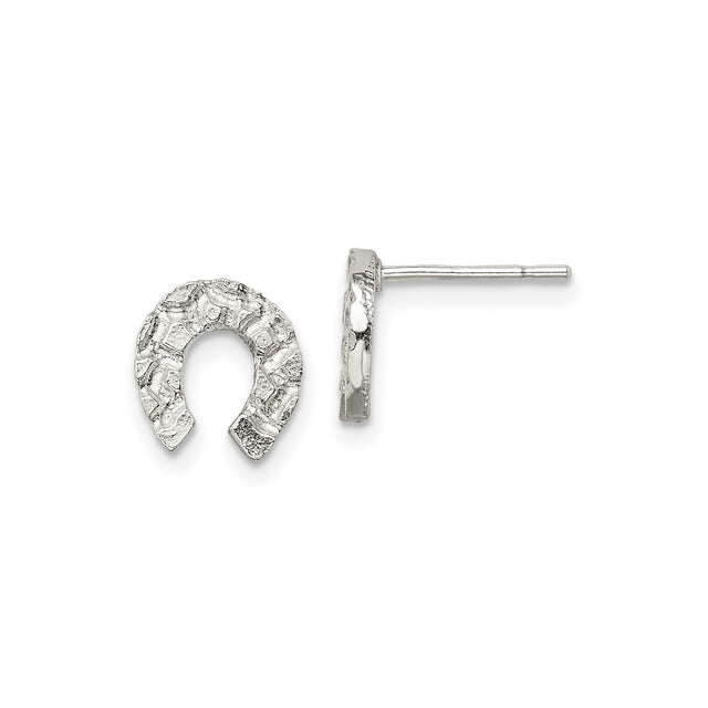 Sterling Silver Horseshoe Stud Earrings, Textured Equestrian Style Rustic Western Jewelry
