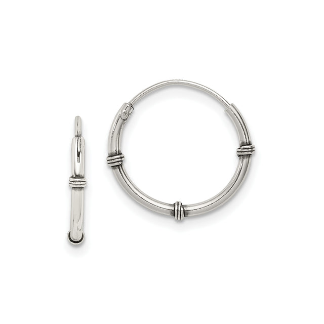 Sterling Silver Bamboo Hoop Earrings with Triple Band Segmented Design, Oxidized Finish