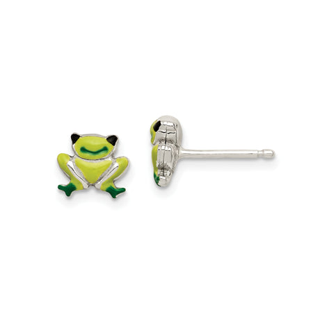 Sterling Silver Frog Stud Earrings with Green and Black Enamel, Whimsical Animal Design