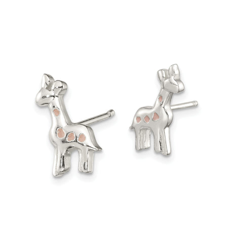Sterling Silver Giraffe Stud Earrings with Light Pink Enamel, Animal Theme for Girls or Women