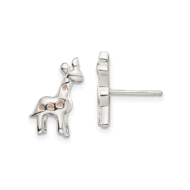 Sterling Silver Giraffe Stud Earrings with Light Pink Enamel, Animal Theme for Girls or Women