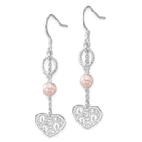 Sterling Silver Dangle Earrings with Pink Faux Pearls, Textured Rings and Filigree Heart Charm
