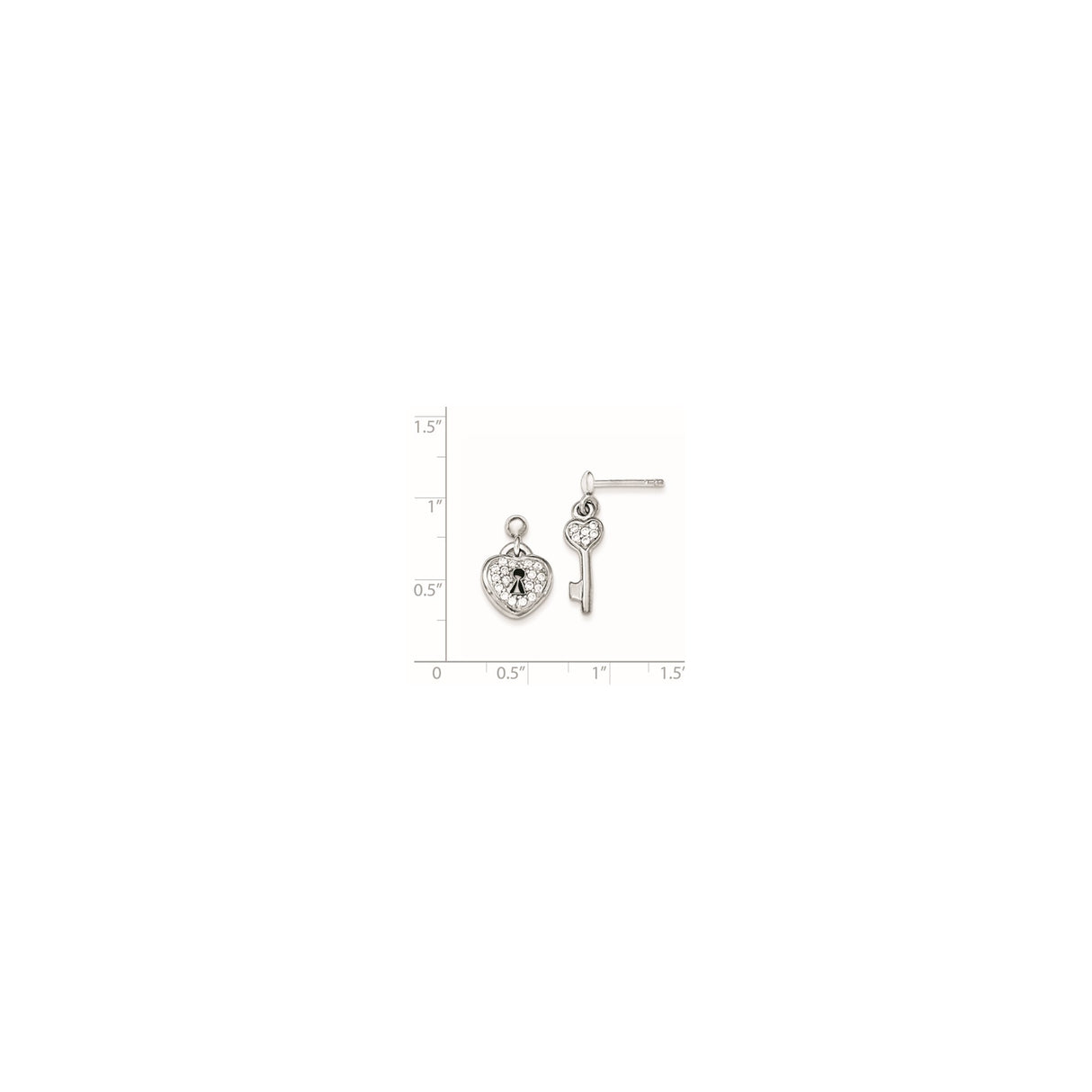 Sterling Silver Mismatched Stud Earrings with Cubic Zirconia, Heart Lock and Key Design