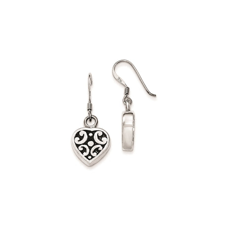 Sterling Silver Dangle Earrings with Filigree Heart, Scrollwork and Swirl Design, Boho Vintage Style