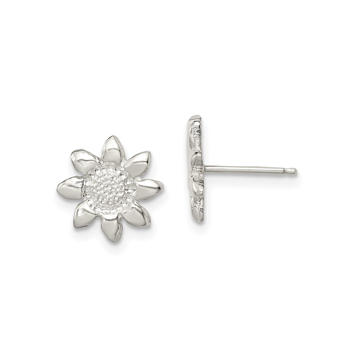 Sterling Silver Sunflower Stud Earrings for Women with Detailed Floral Design, Botanical Texture, Nature Inspired Jewelry, Casual Everyday Silver Studs, Elegant Minimal Floral Fashion Accessory