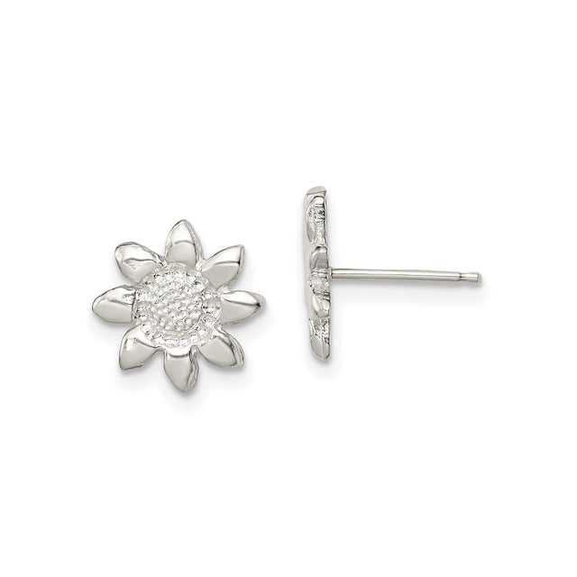 Sterling Silver Sunflower Stud Earrings for Women with Detailed Floral Design, Botanical Texture, Nature Inspired Jewelry, Casual Everyday Silver Studs, Elegant Minimal Floral Fashion Accessory