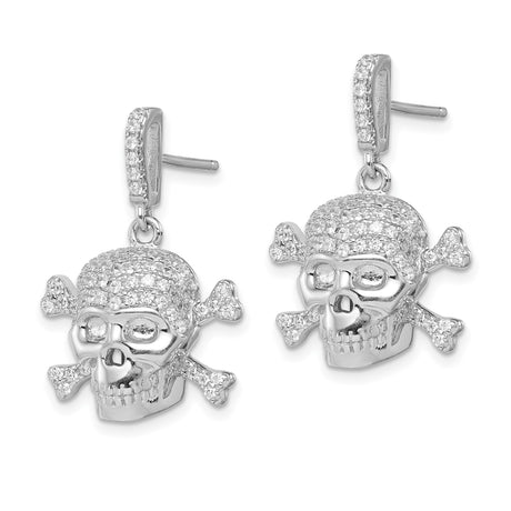 Sterling Silver Skull and Crossbones Dangle Earrings with Cubic Zirconia, Gothic Punk Style