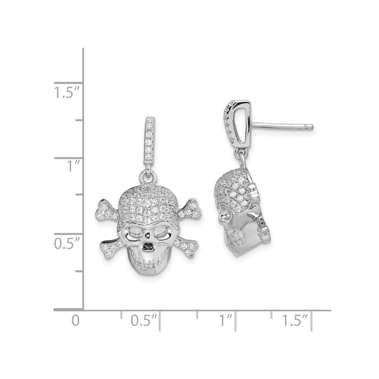 Sterling Silver Skull and Crossbones Dangle Earrings with Cubic Zirconia, Gothic Punk Style