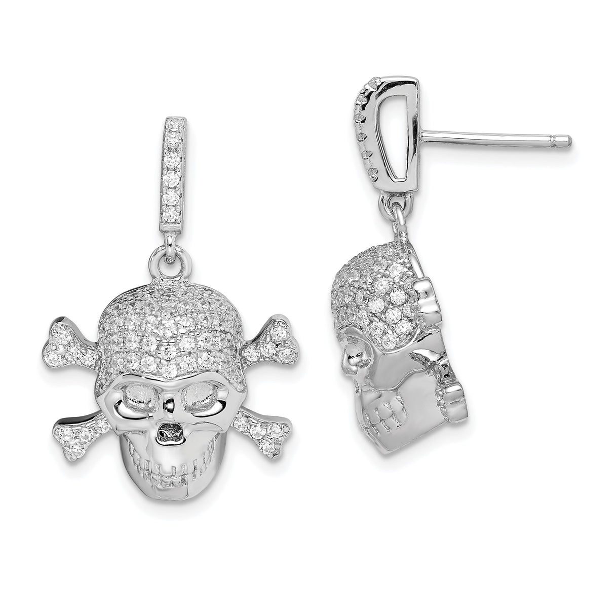 Sterling Silver Skull and Crossbones Dangle Earrings with Cubic Zirconia, Gothic Punk Style