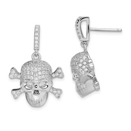 Sterling Silver Skull and Crossbones Dangle Earrings with Cubic Zirconia, Gothic Punk Style