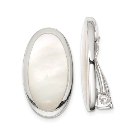 Sterling Silver Clip-On Oval Earrings with Smooth White Mother-of-Pearl Inlays, Polished Silver Finish for Women with Unpierced Ears, Minimalist Elegant Everyday Jewelry, Classic Non-Pierced Option