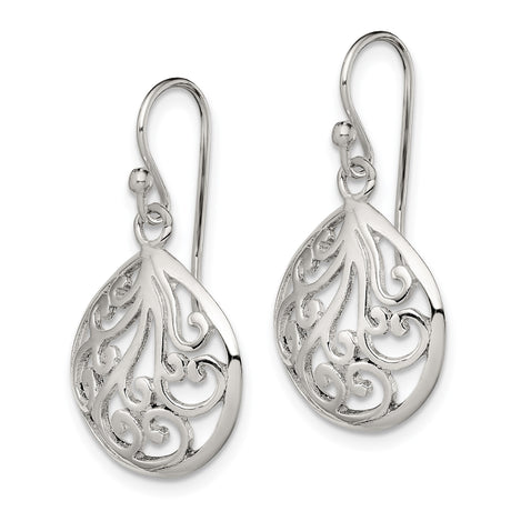 Sterling Silver Dangle Earrings with Filigree Scrollwork Teardrop Design for Women