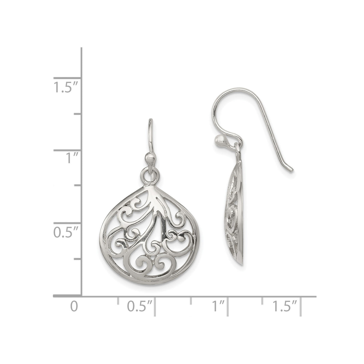 Sterling Silver Dangle Earrings with Filigree Scrollwork Teardrop Design for Women