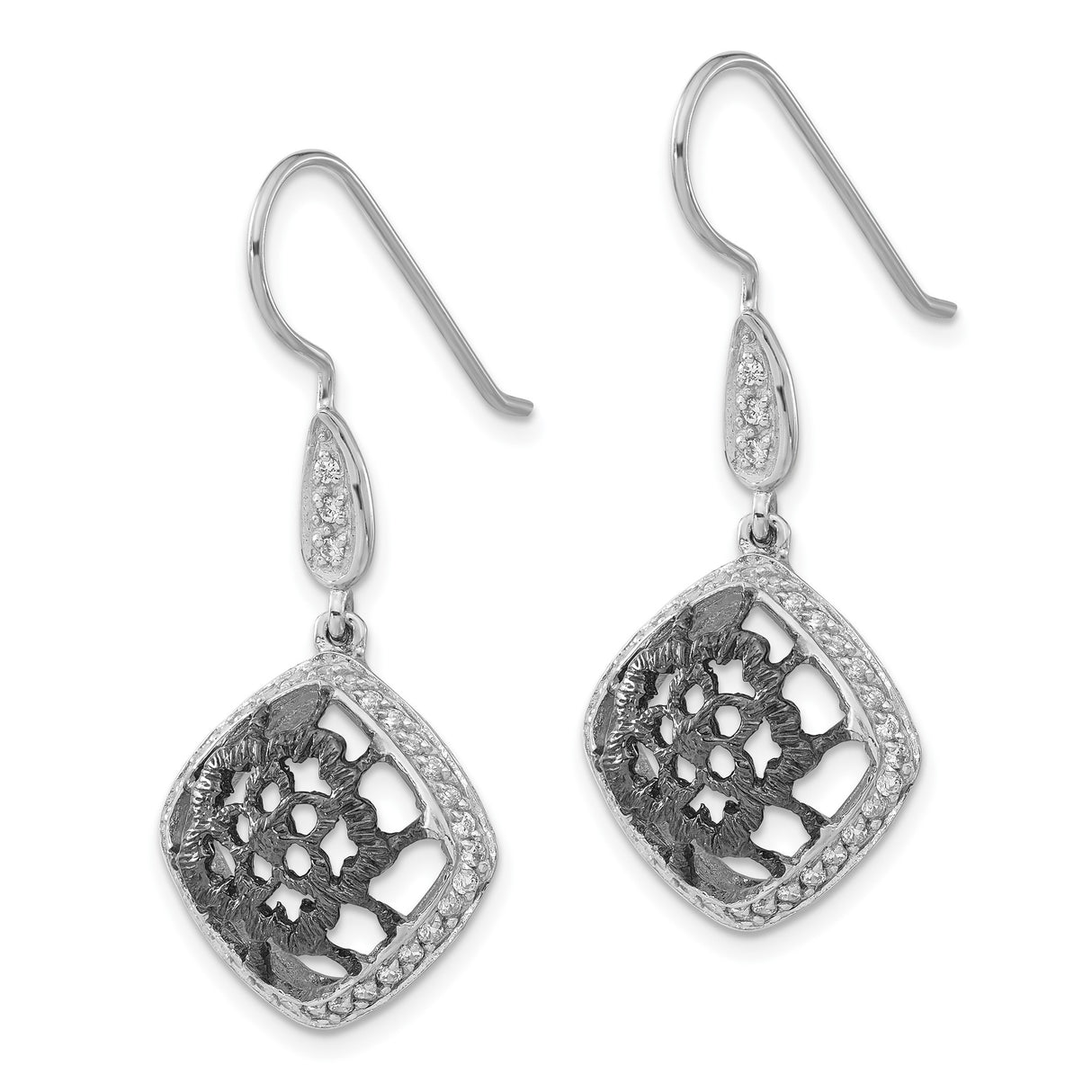 Sterling Silver Dangle Earrings with Cubic Zirconia, Floral Filigree, Vintage Victorian Style