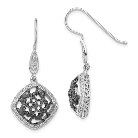 Sterling Silver Dangle Earrings with Cubic Zirconia, Floral Filigree, Vintage Victorian Style