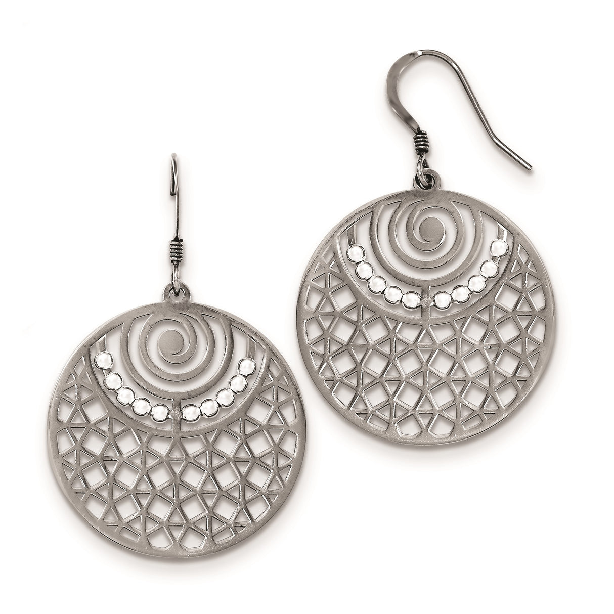 Sterling Silver Dangle Earrings with Spiral and Lattice Design, White Crystal Accents, Boho Style