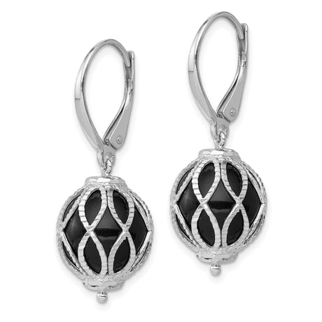 Sterling Silver Leverback Dangle Earrings with Onyx Beads, Lattice Filigree Design