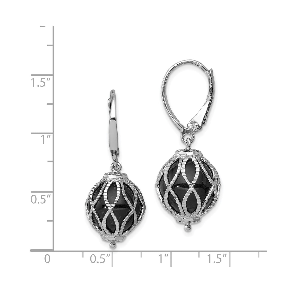 Sterling Silver Leverback Dangle Earrings with Onyx Beads, Lattice Filigree Design