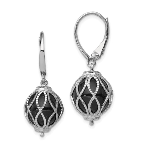 Sterling Silver Leverback Dangle Earrings with Onyx Beads, Lattice Filigree Design
