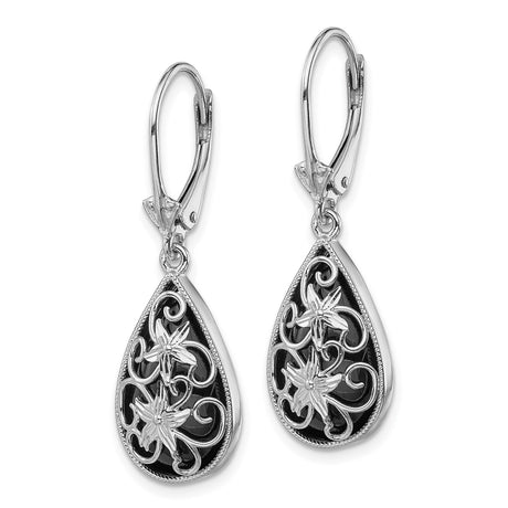 Sterling Silver Teardrop Dangle Earrings with Onyx, Floral Openwork Design, Leverback Closure