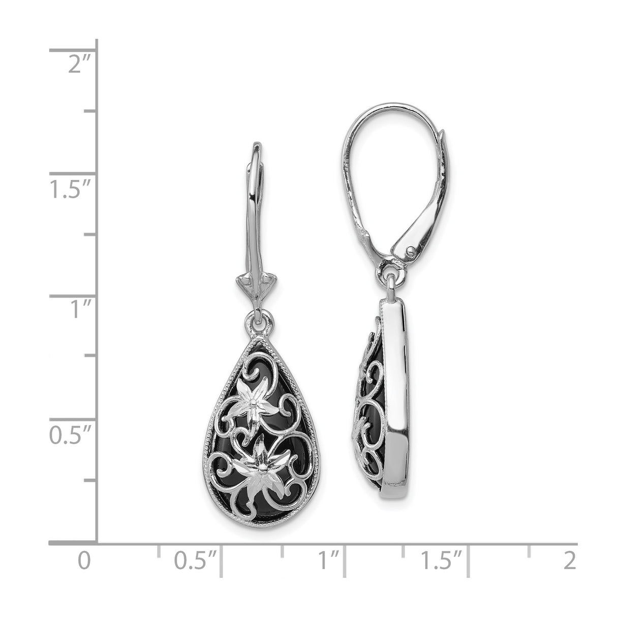 Sterling Silver Teardrop Dangle Earrings with Onyx, Floral Openwork Design, Leverback Closure