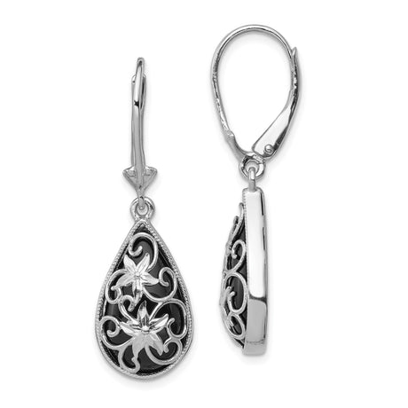 Sterling Silver Teardrop Dangle Earrings with Onyx, Floral Openwork Design, Leverback Closure