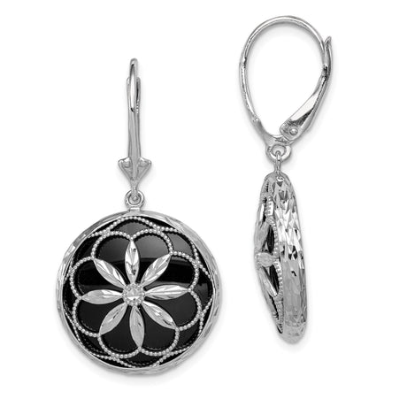 Sterling Silver Drop Earrings with Onyx, Floral Petal Motif and Beaded Filigree Design