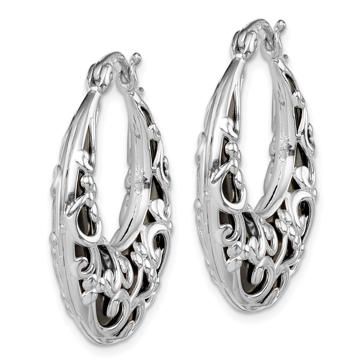 Sterling Silver Hoop Earrings with Onyx, Filigree Scroll Design, Black Enamel Floral Accents