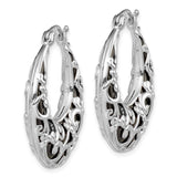 Sterling Silver Hoop Earrings with Onyx, Filigree Scroll Design, Black Enamel Floral Accents