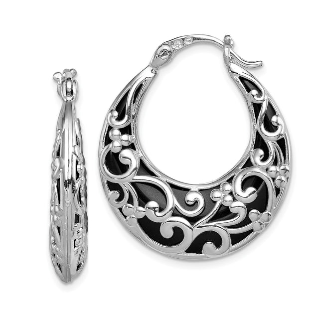 Sterling Silver Hoop Earrings with Onyx, Filigree Scroll Design, Black Enamel Floral Accents