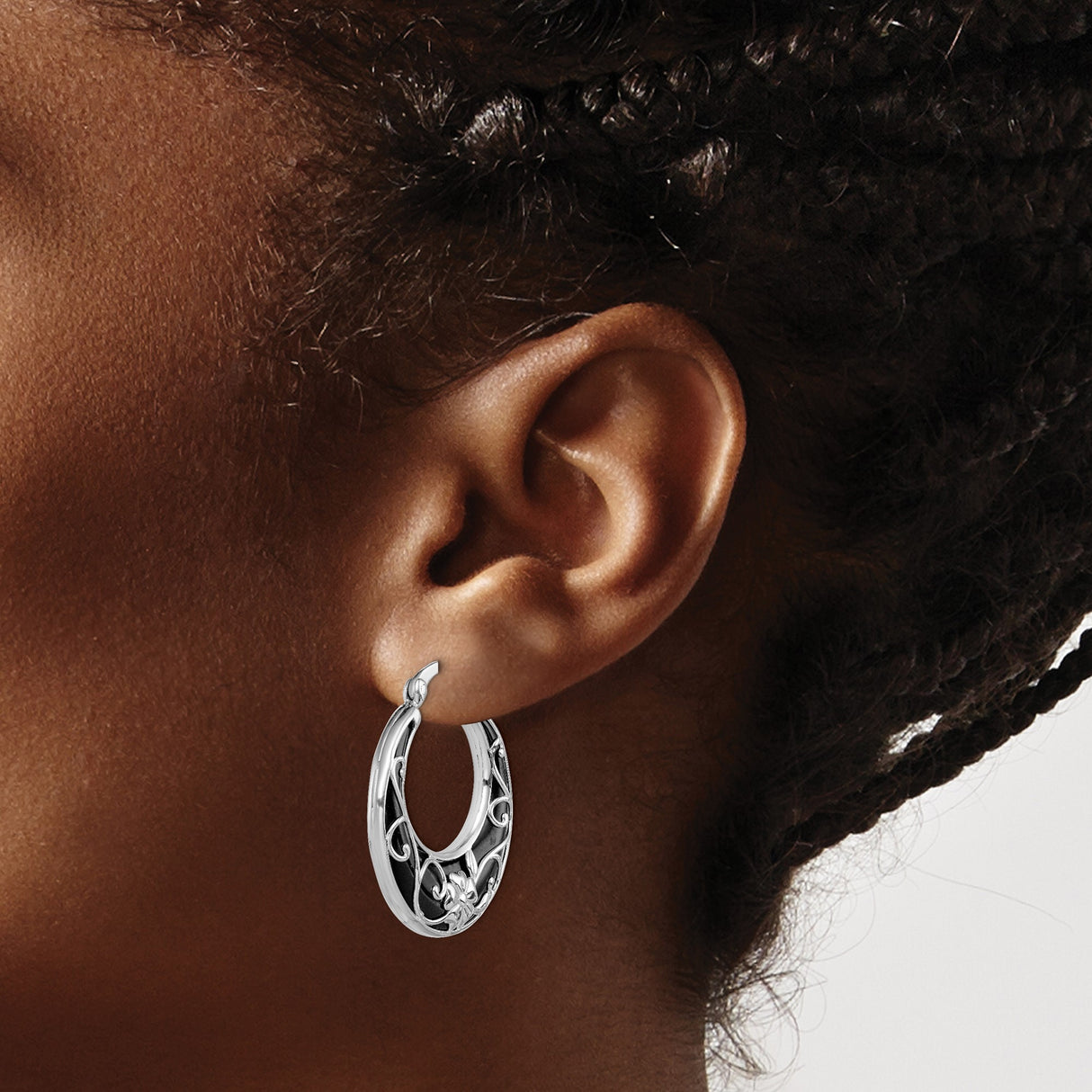 Sterling Silver Hoop Earrings with Onyx, Floral Filigree Design, Boho Style for Women