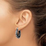 Sterling Silver Hoop Earrings with Onyx Inlay and Leaf Overlay Design
