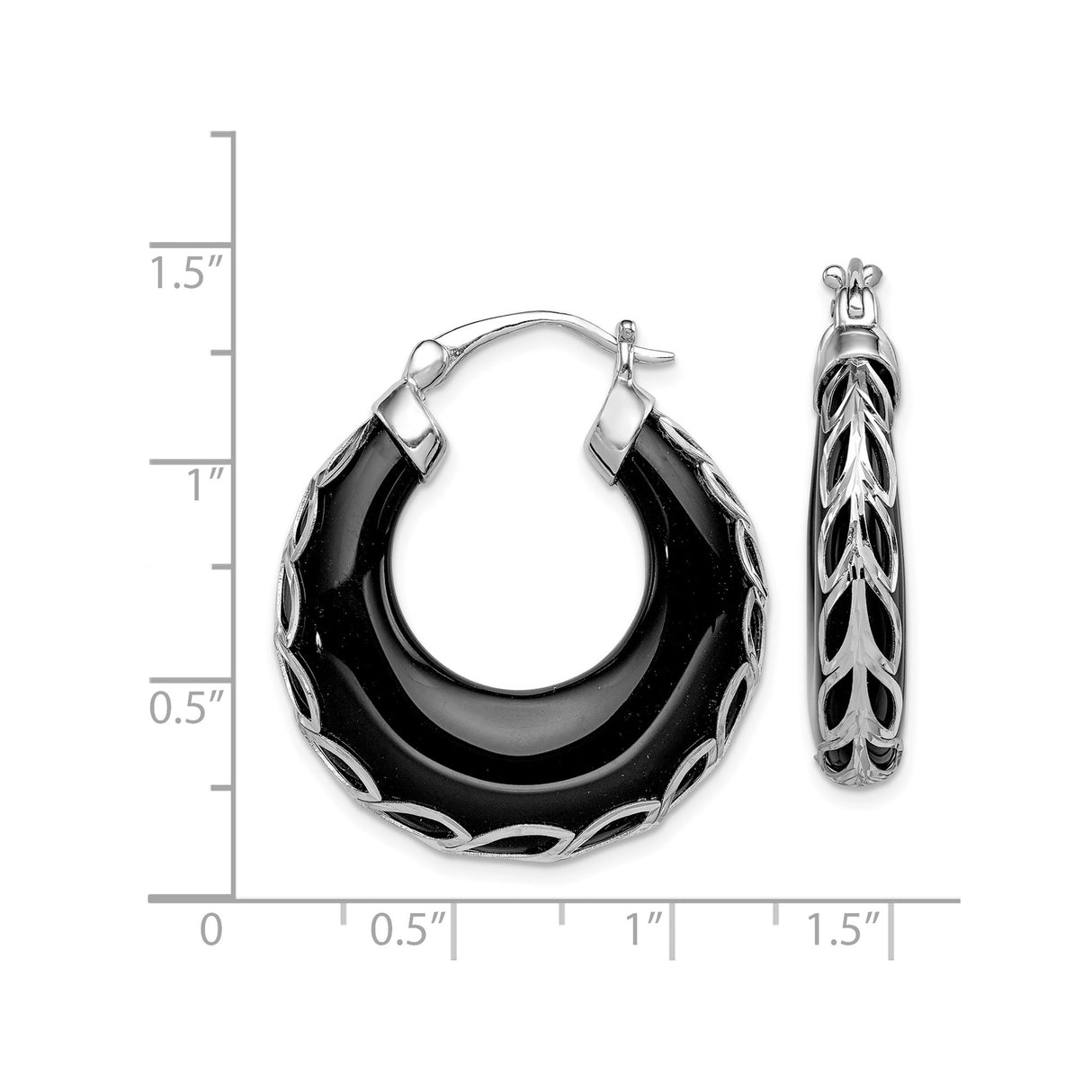 Sterling Silver Hoop Earrings with Onyx Inlay and Leaf Overlay Design