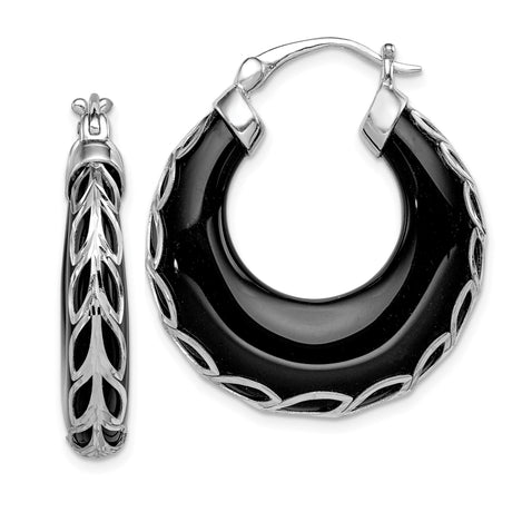 Sterling Silver Hoop Earrings with Onyx Inlay and Leaf Overlay Design