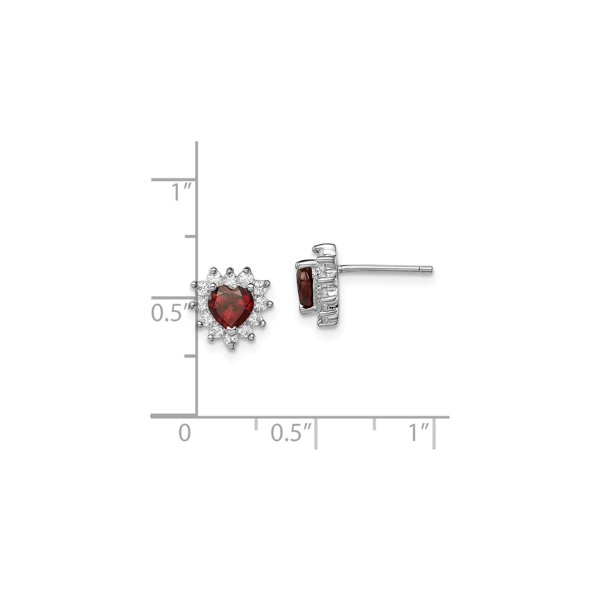 Sterling Silver Heart Shaped Stud Earrings with Garnet Center and Cubic Zirconia Halo