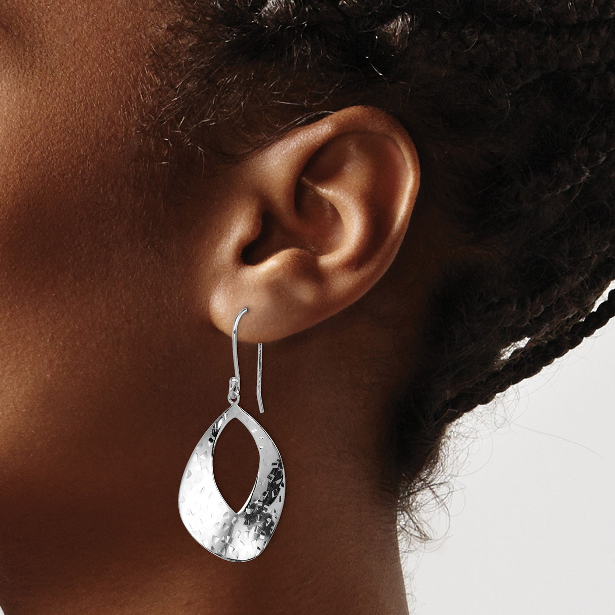 Sterling Silver Teardrop Dangle Earrings with Hammered Texture and Open Cut Design