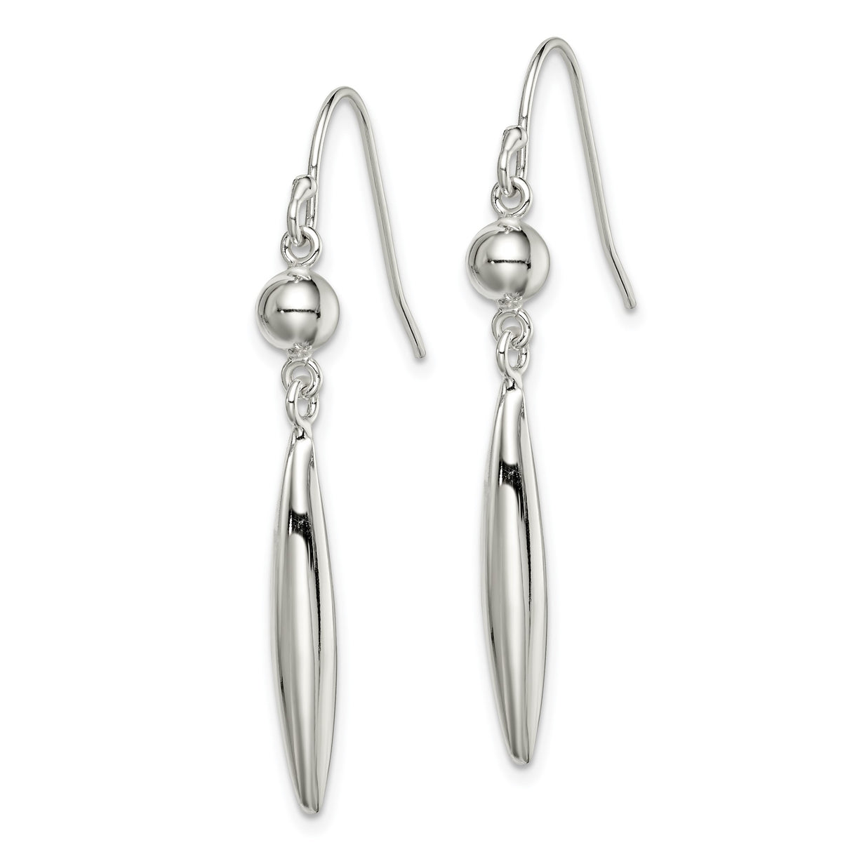 Sterling Silver Drop Earrings with Elongated Teardrop Shape and Polished Bead Accents