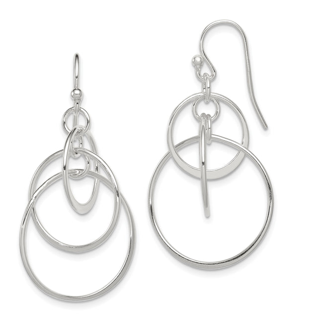Sterling Silver Dangle Earrings with Interlocking Open Hoops, Modern Geometric Circle Design