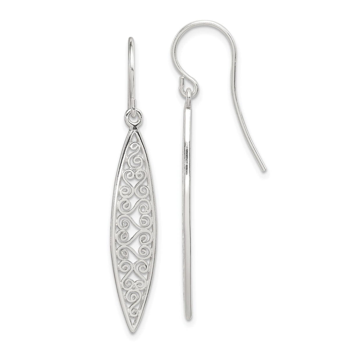 Sterling Silver Dangle Earrings with Marquise Shape and Filigree Scrollwork Design for Women