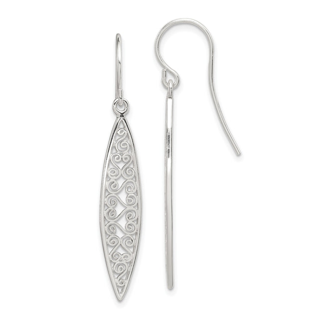 Sterling Silver Dangle Earrings with Marquise Shape and Filigree Scrollwork Design for Women