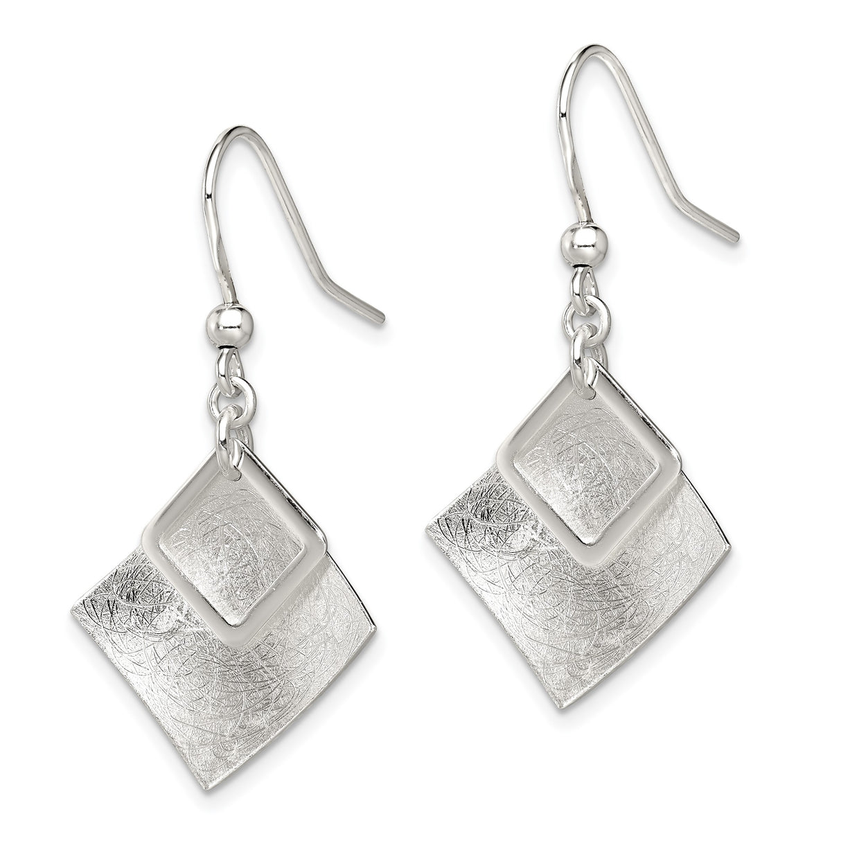 Sterling Silver Geometric Dangle Earrings, Layered Diamond Shape, Satin and Polished Finish