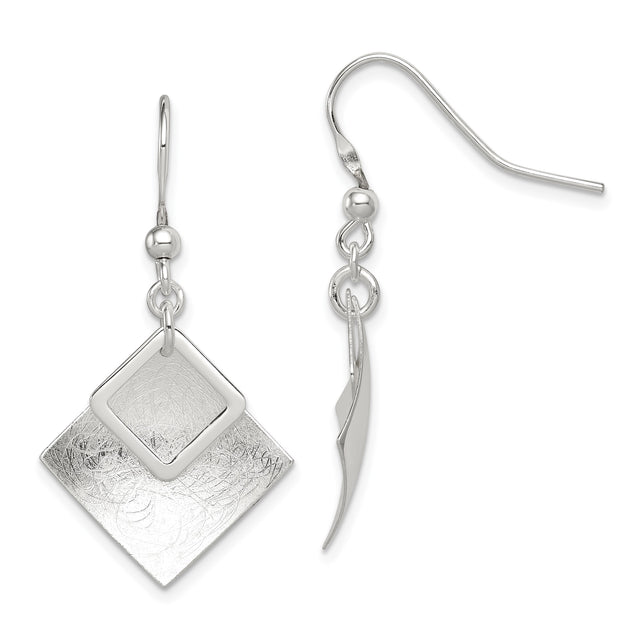 Sterling Silver Geometric Dangle Earrings, Layered Diamond Shape, Satin and Polished Finish