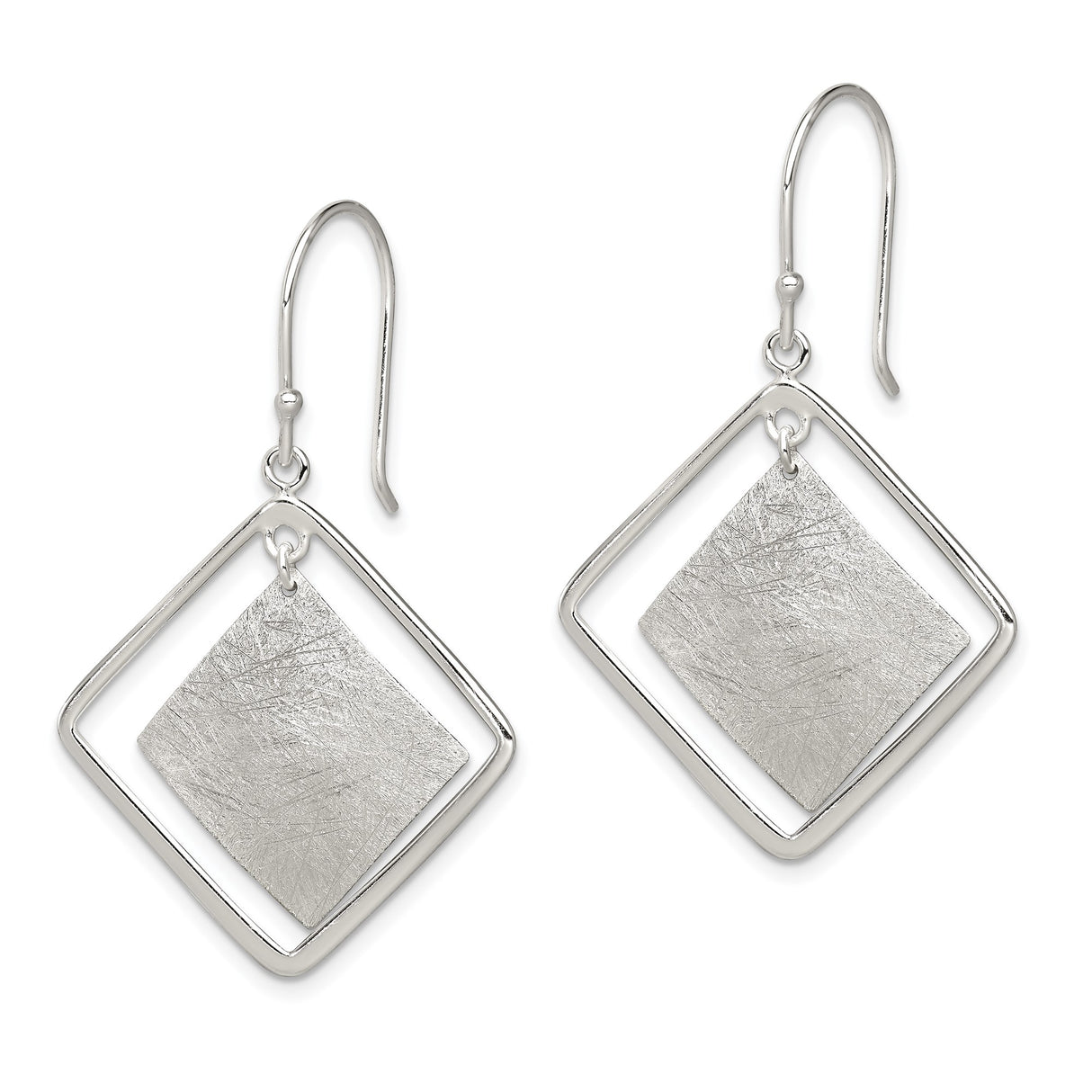 Sterling Silver Dangle Earrings with Brushed Interior and Polished Double Square Design
