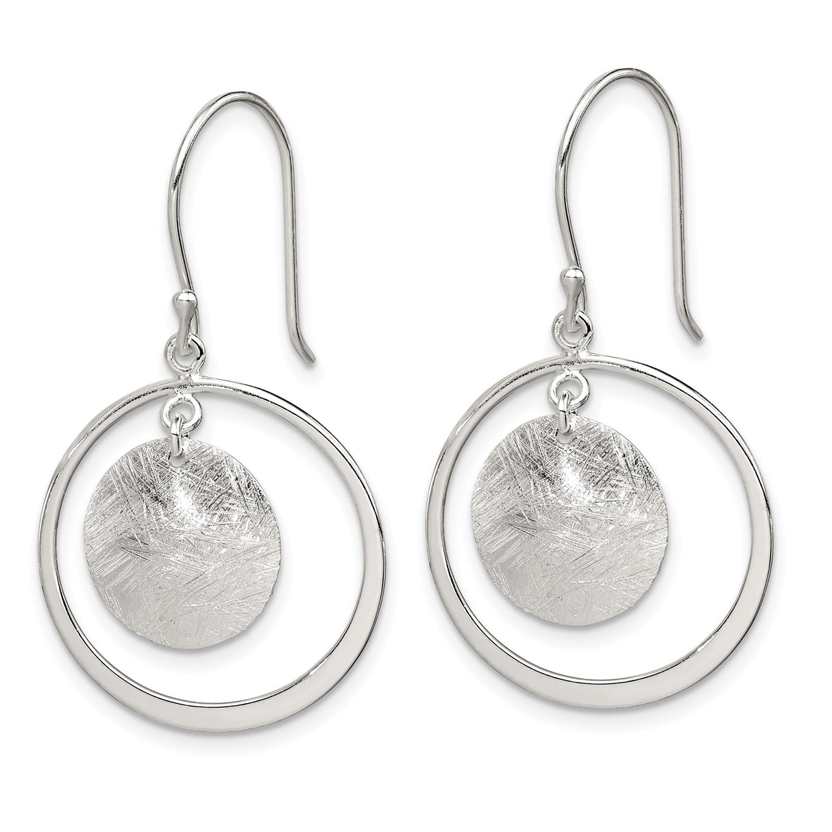 Sterling Silver Dangle Earrings with Textured Disc and Open Circle Design, Modern Minimalist Style