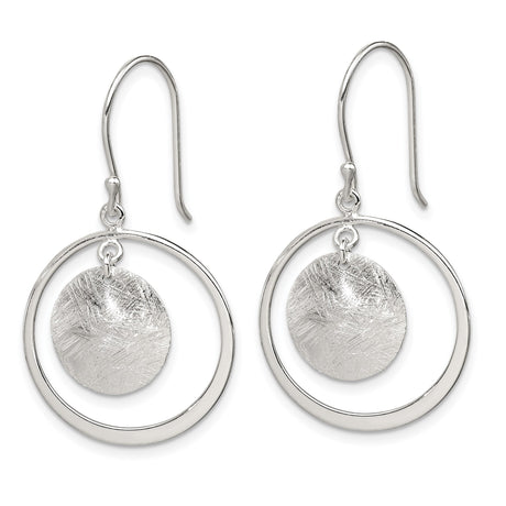 Sterling Silver Dangle Earrings with Textured Disc and Open Circle Design, Modern Minimalist Style