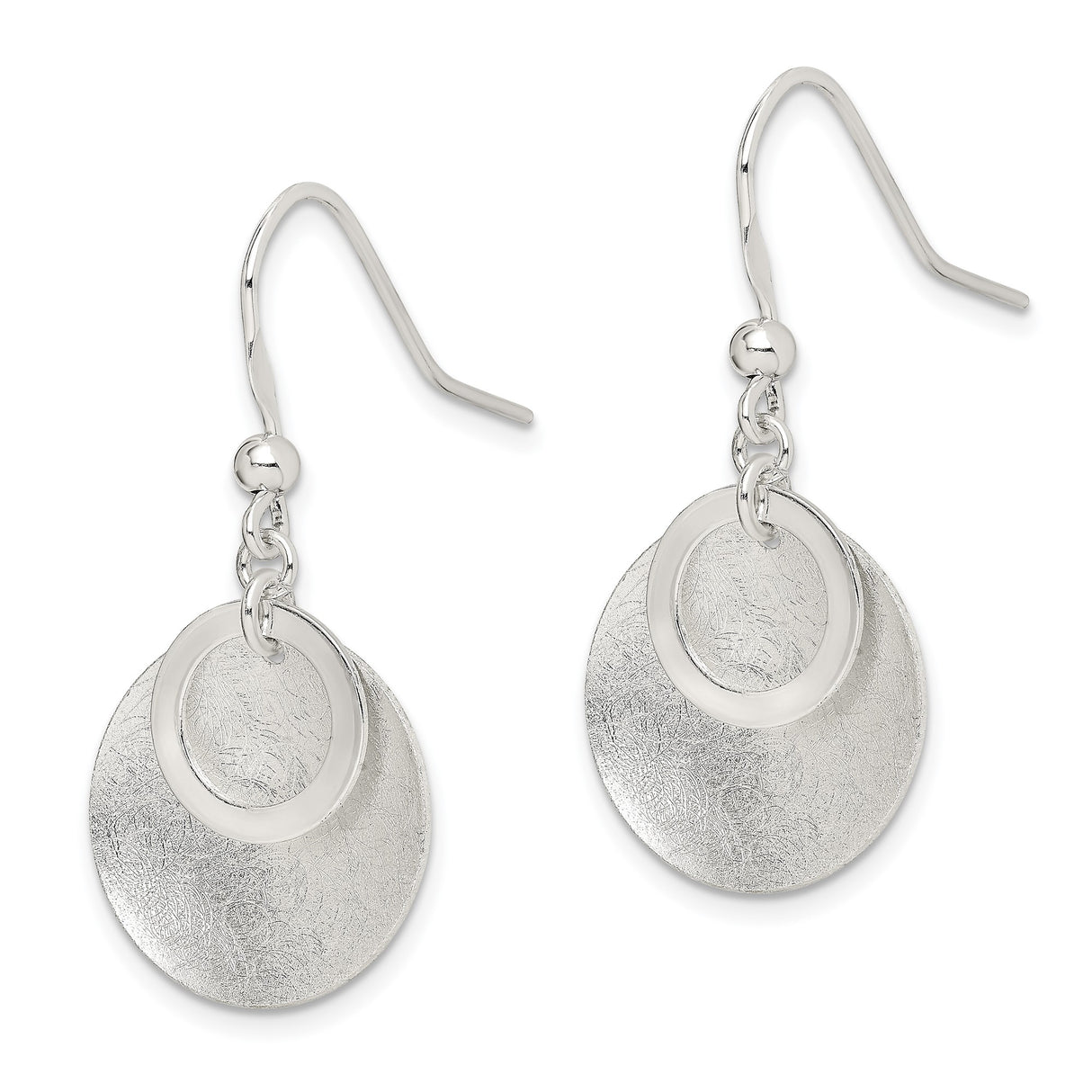 Sterling Silver Dangle Earrings with Layered Textured and Polished Discs, Geometric Style