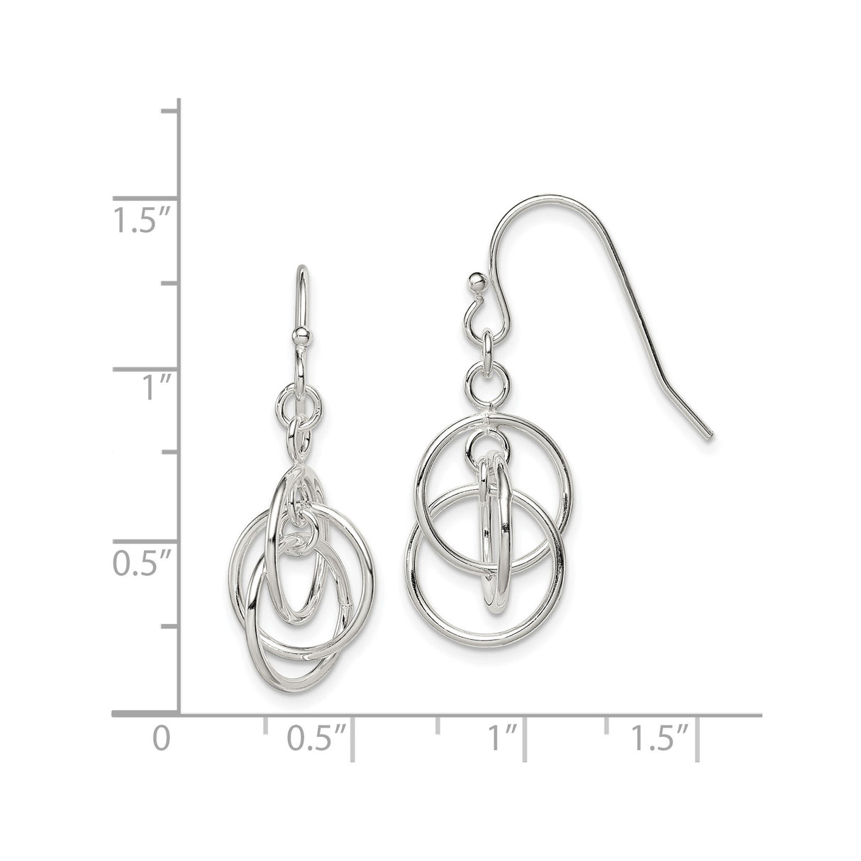 Sterling Silver Dangle Earrings with Interlocking Open Circle Hoops, Geometric Drop Design